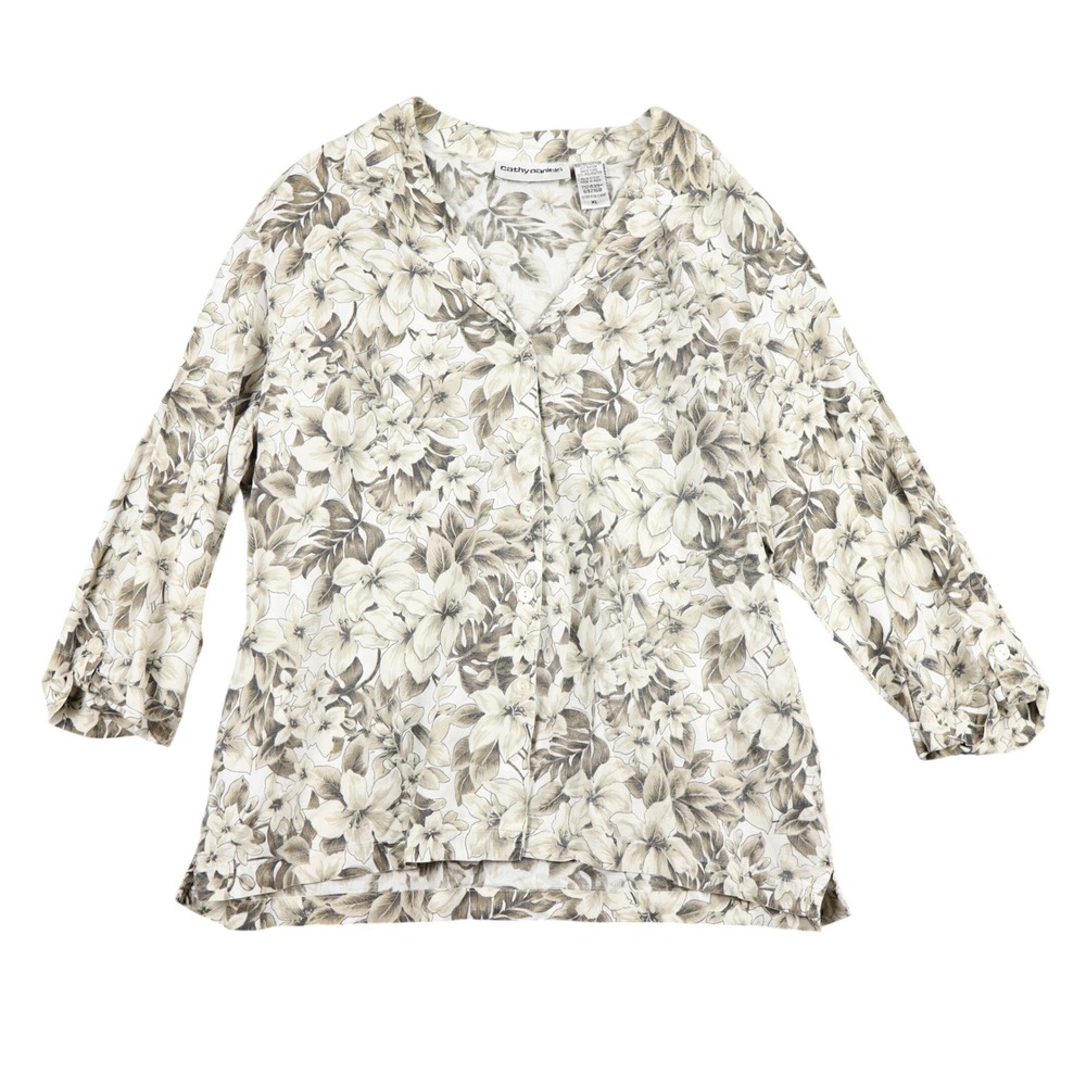 Cathy Daniels‎ Floral Print Button Front Blouse Women XL Beige Brown Long Sleeve